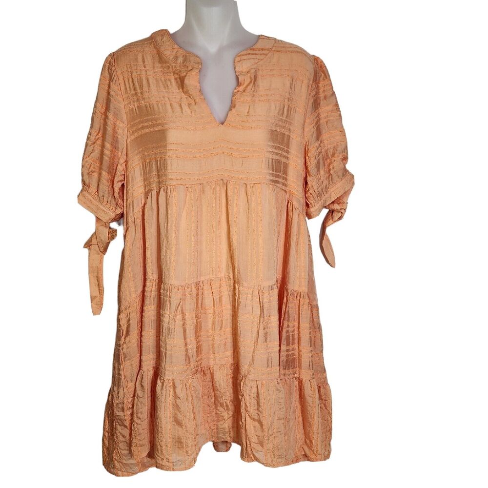 &Merci Women Mini Dress L Babydoll Orange Stripe Tiered V Neck Puff Sleeve Lined